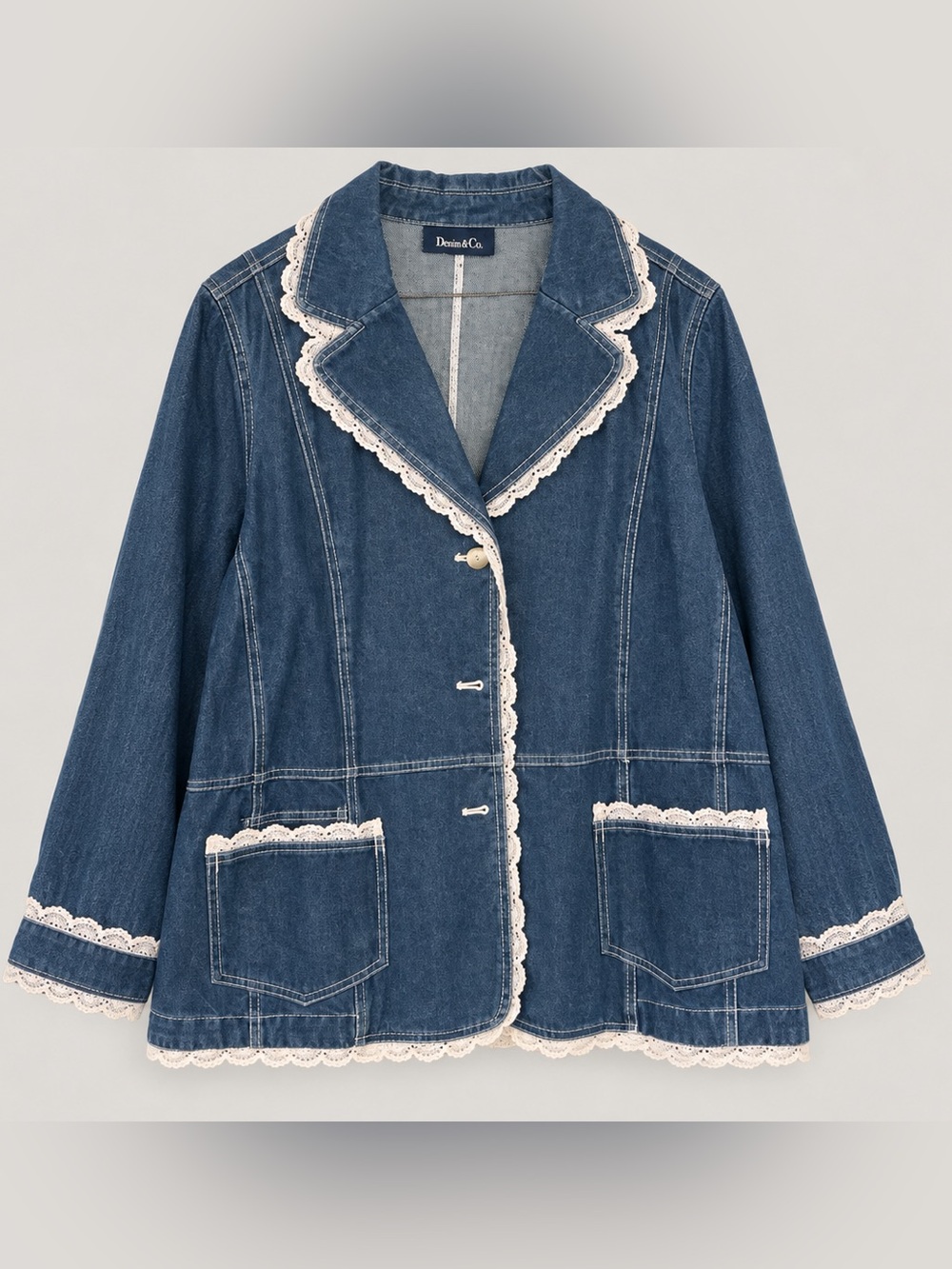 Denim&Co Blue Denim Jacket with Cream Lace Trim
